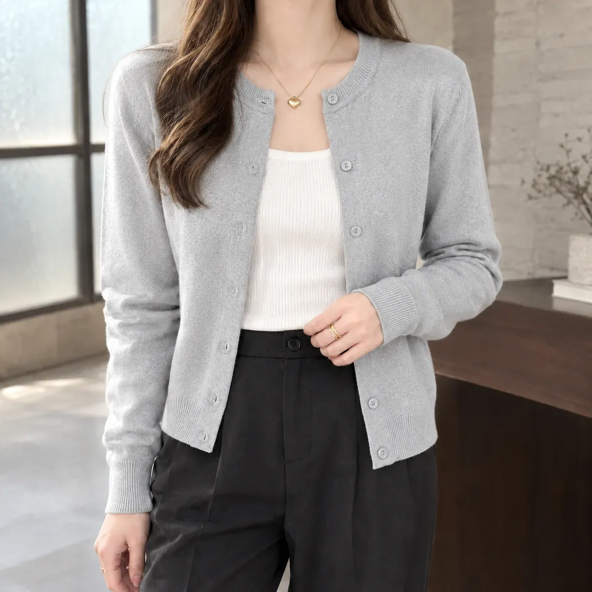 Zoe Fine Knit Cardigan in Light Gray