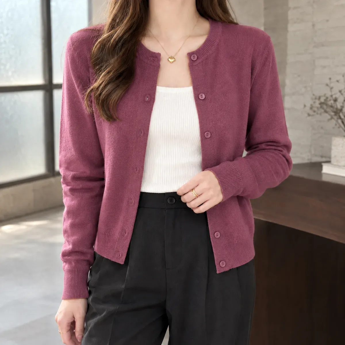 Zoe Fine Knit Cardigan in Plum