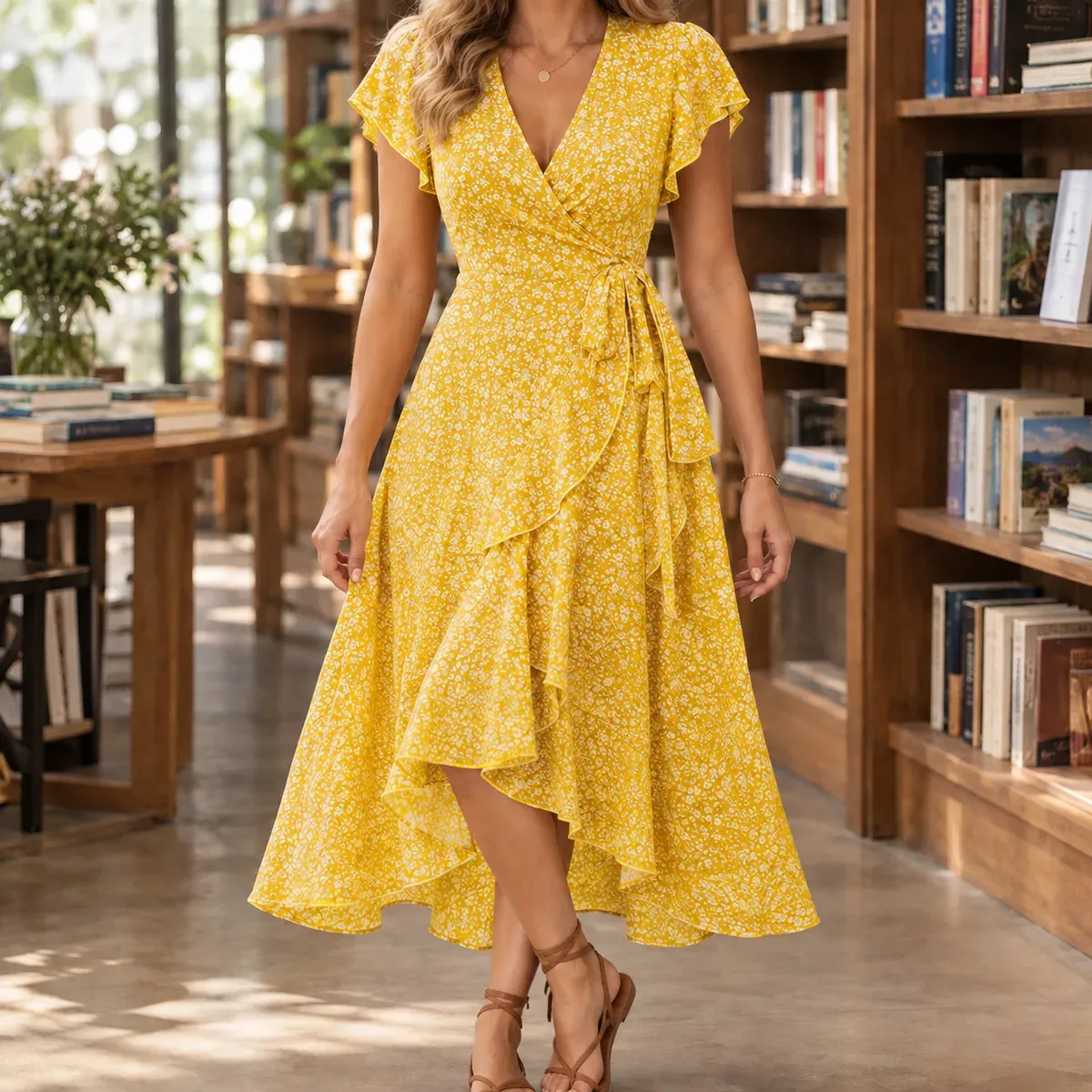 Diana Ruffle Wrap Dress in Yellow