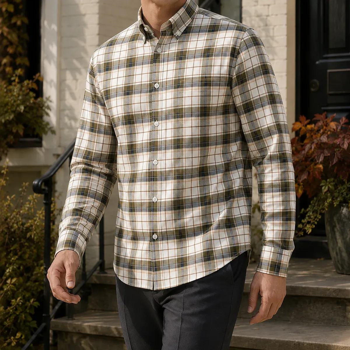 Forrester Button-Shirt in Beige Olive Plaid