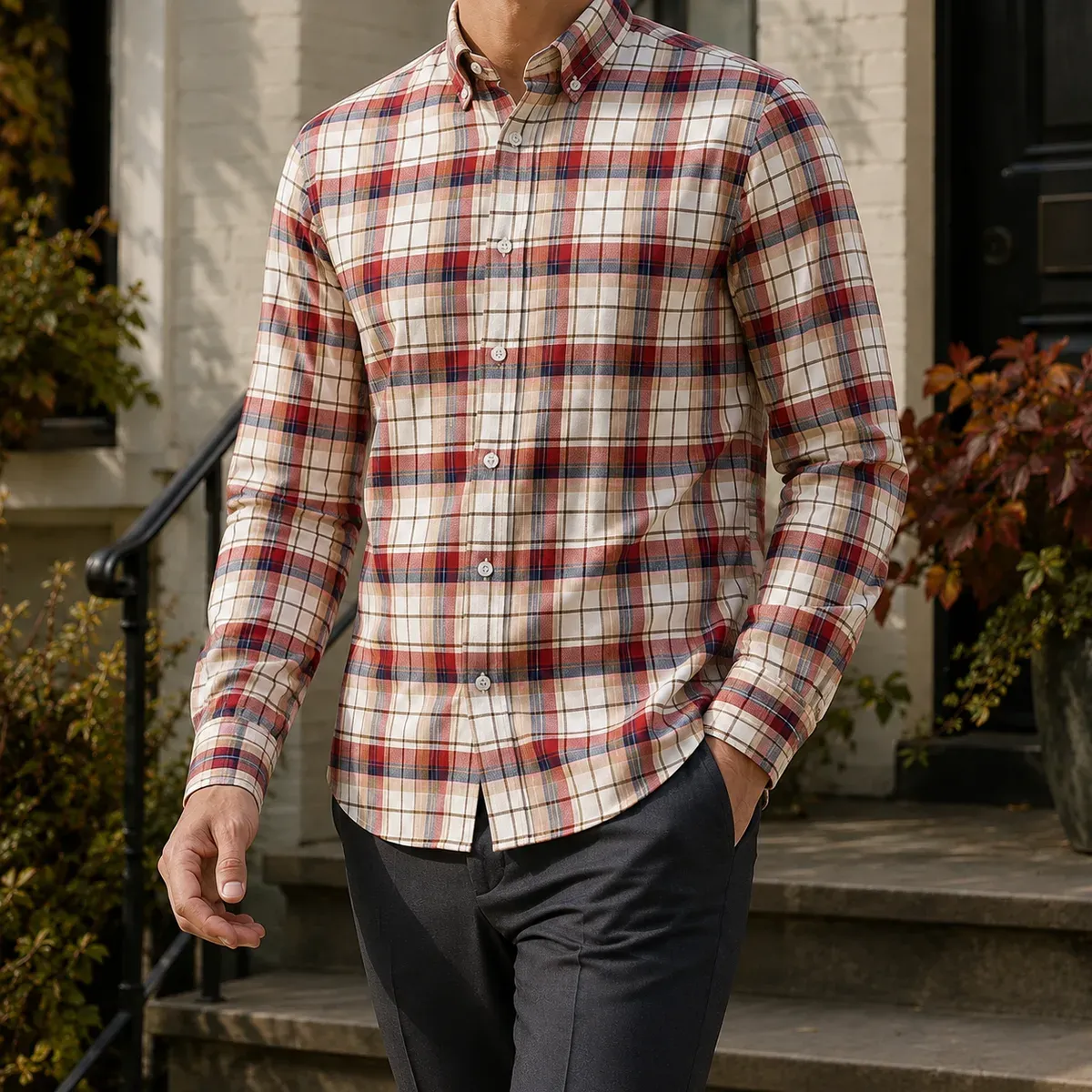 Forrester Button-Shirt in Red Beige Plaid