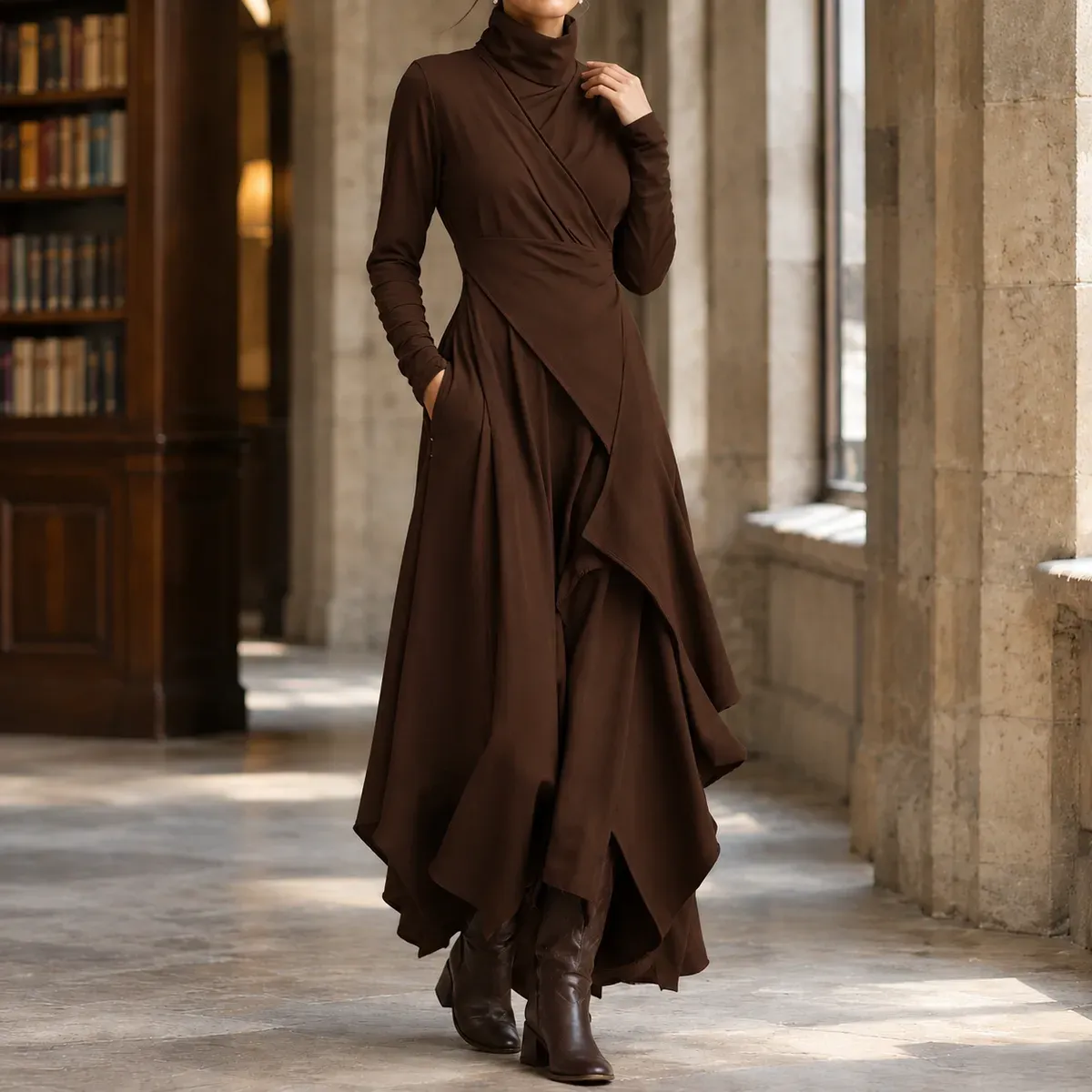 Pomeline Asymmetric Maxi Dress in Dark Brown