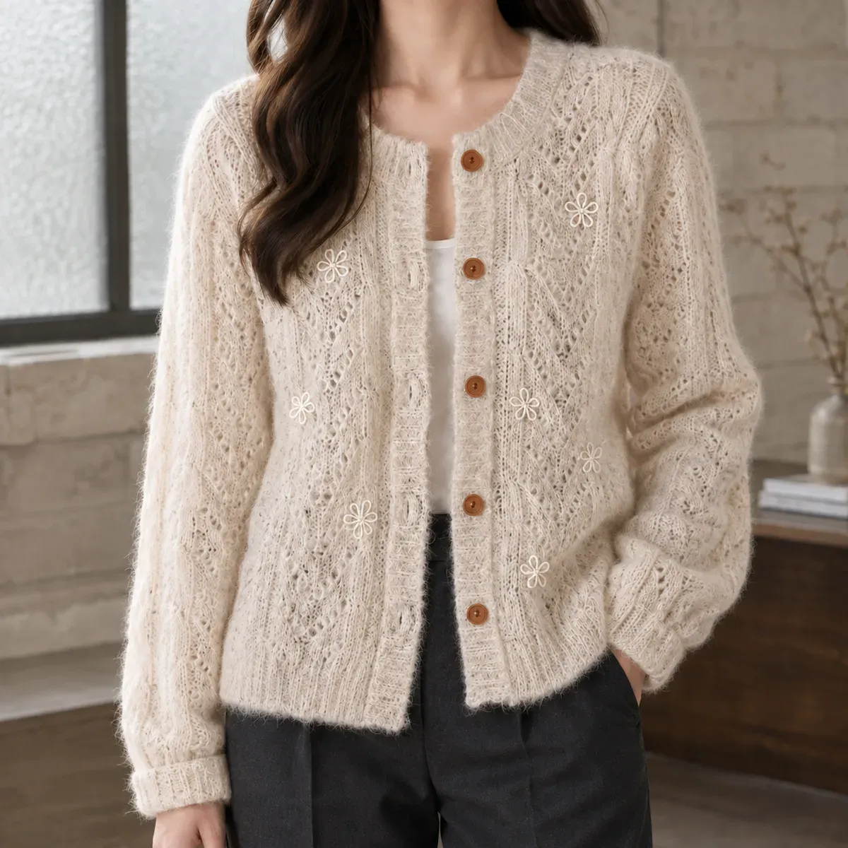 Emily Pointelle Cardigan in Apricot