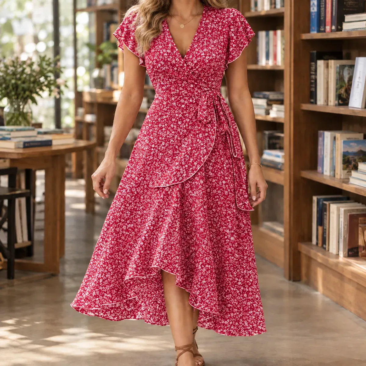 Diana Ruffle Wrap Dress in Red