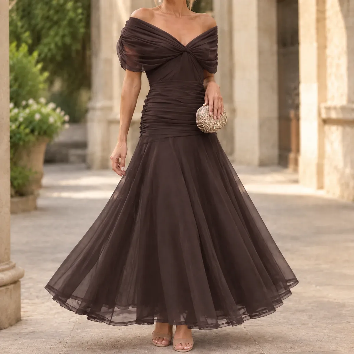 Annabeth Draped Maxi Dress in Brown