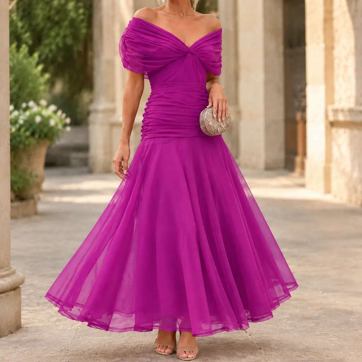Annabeth Draped Maxi Dress in Magenta