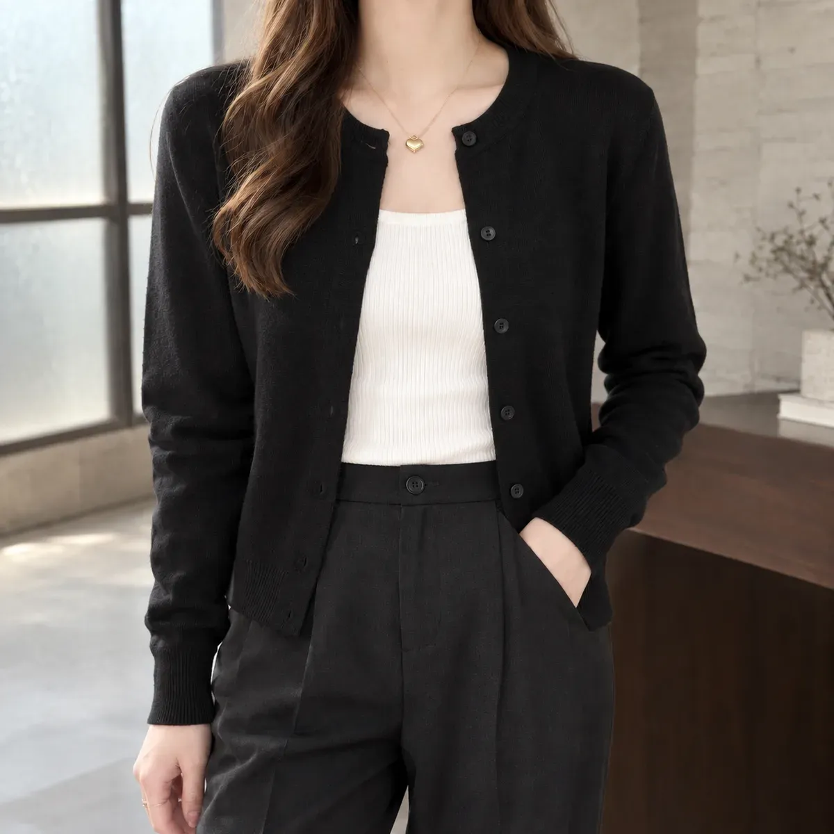Zoe Fine Knit Cardigan in Black