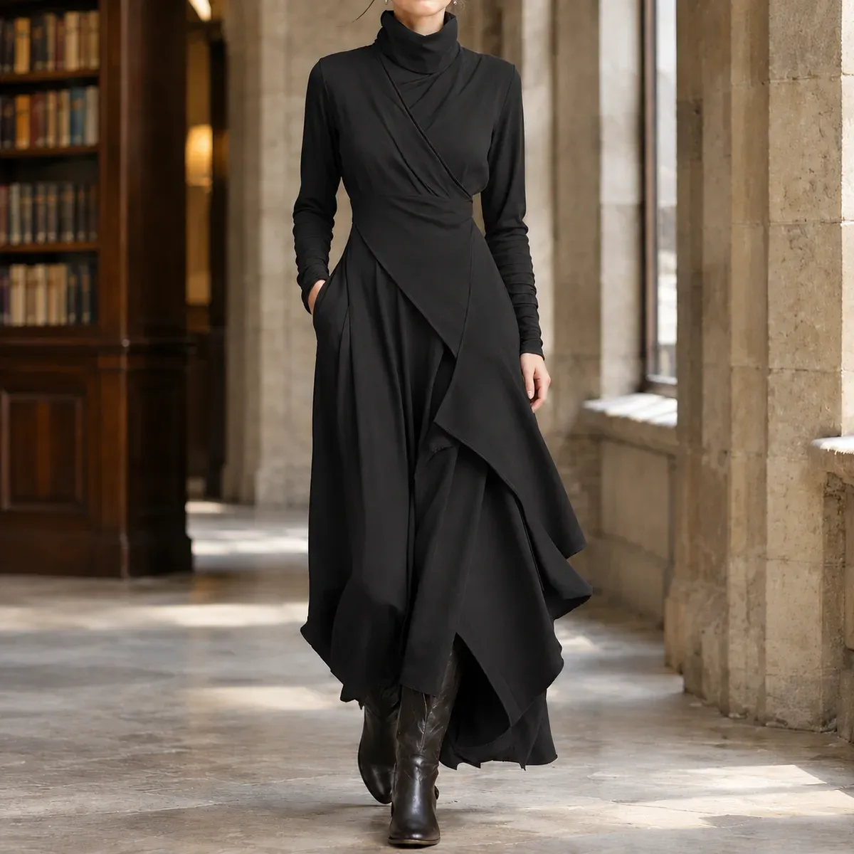 Pomeline Asymmetric Maxi Dress in Black
