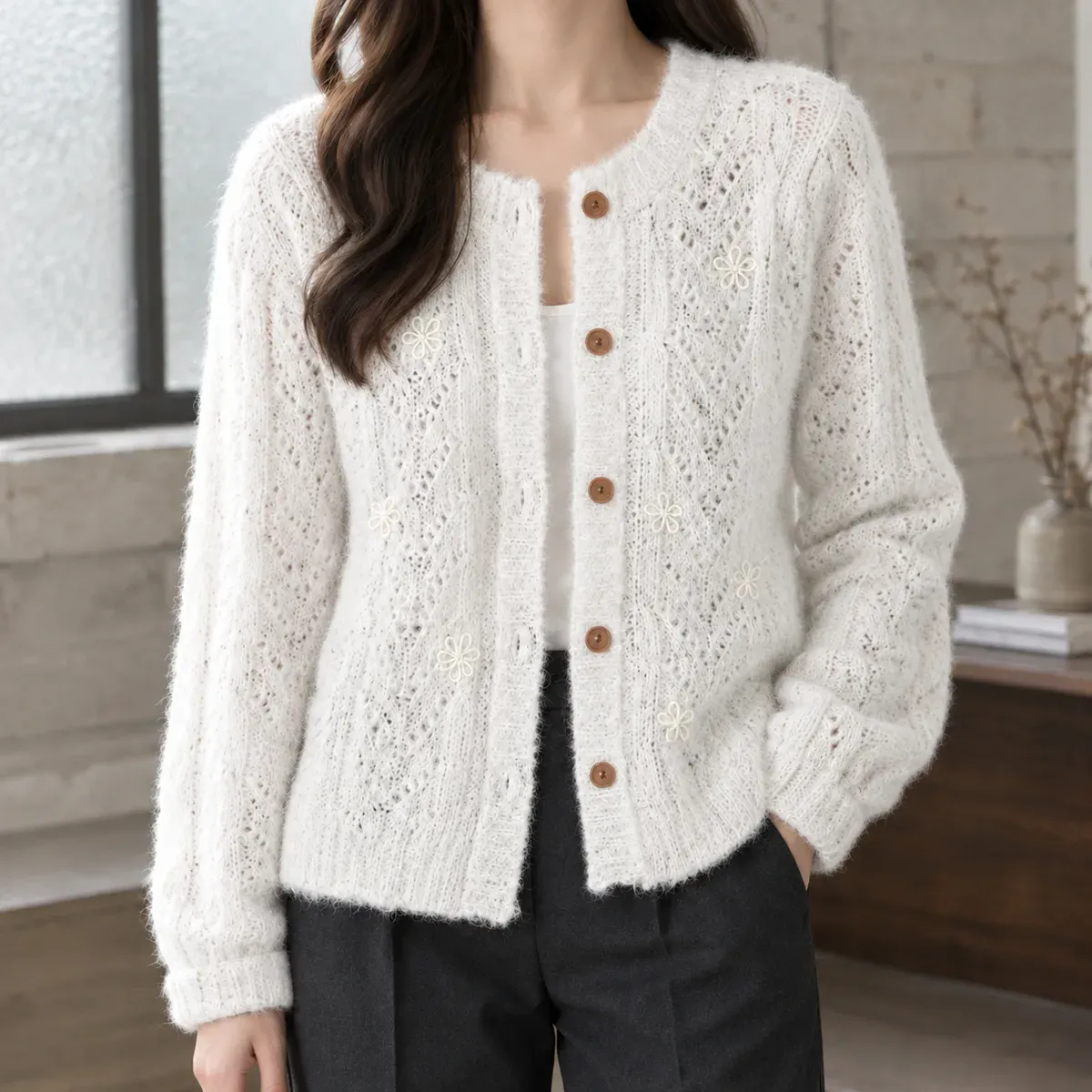 Emily Pointelle Cardigan in White