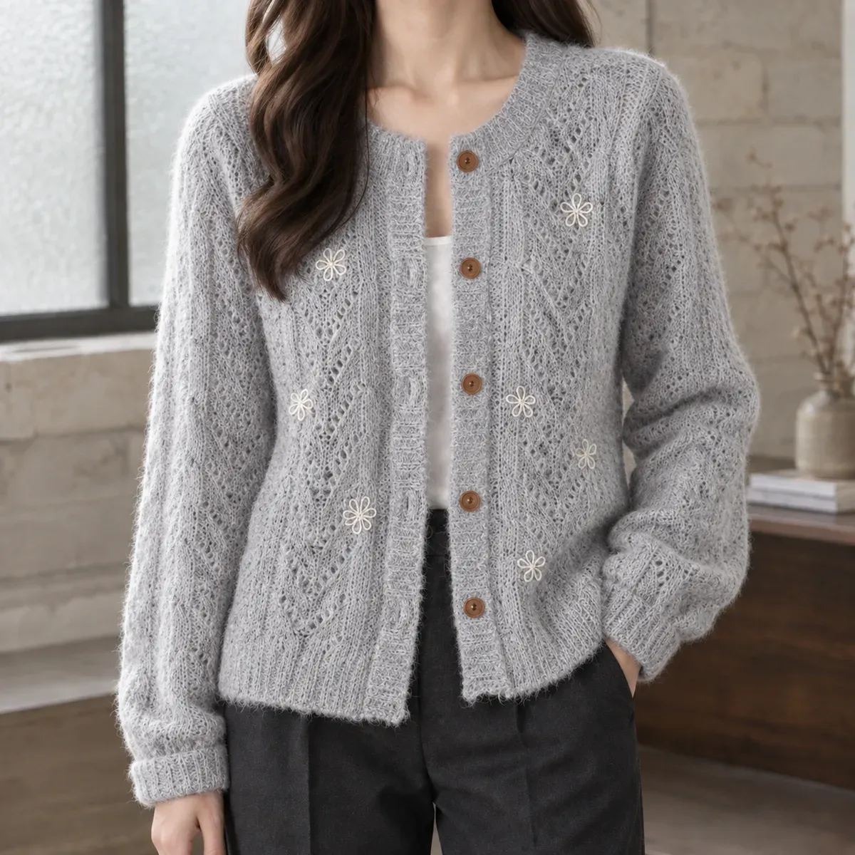 Emily Pointelle Cardigan in Gray
