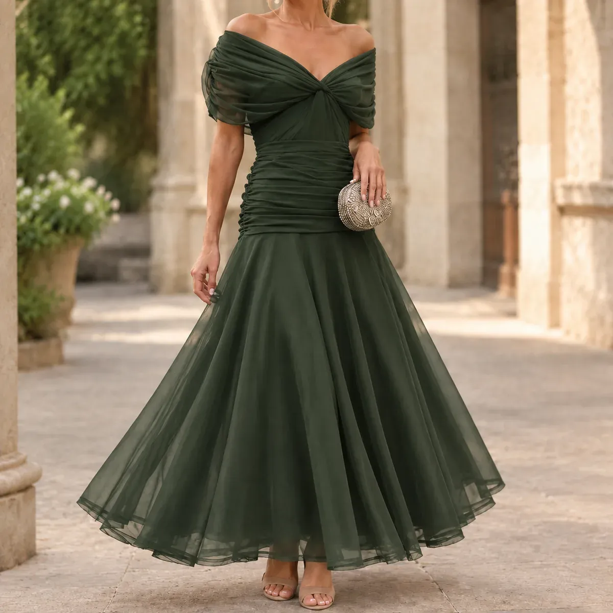 Annabeth Draped Maxi Dress in Dark Green