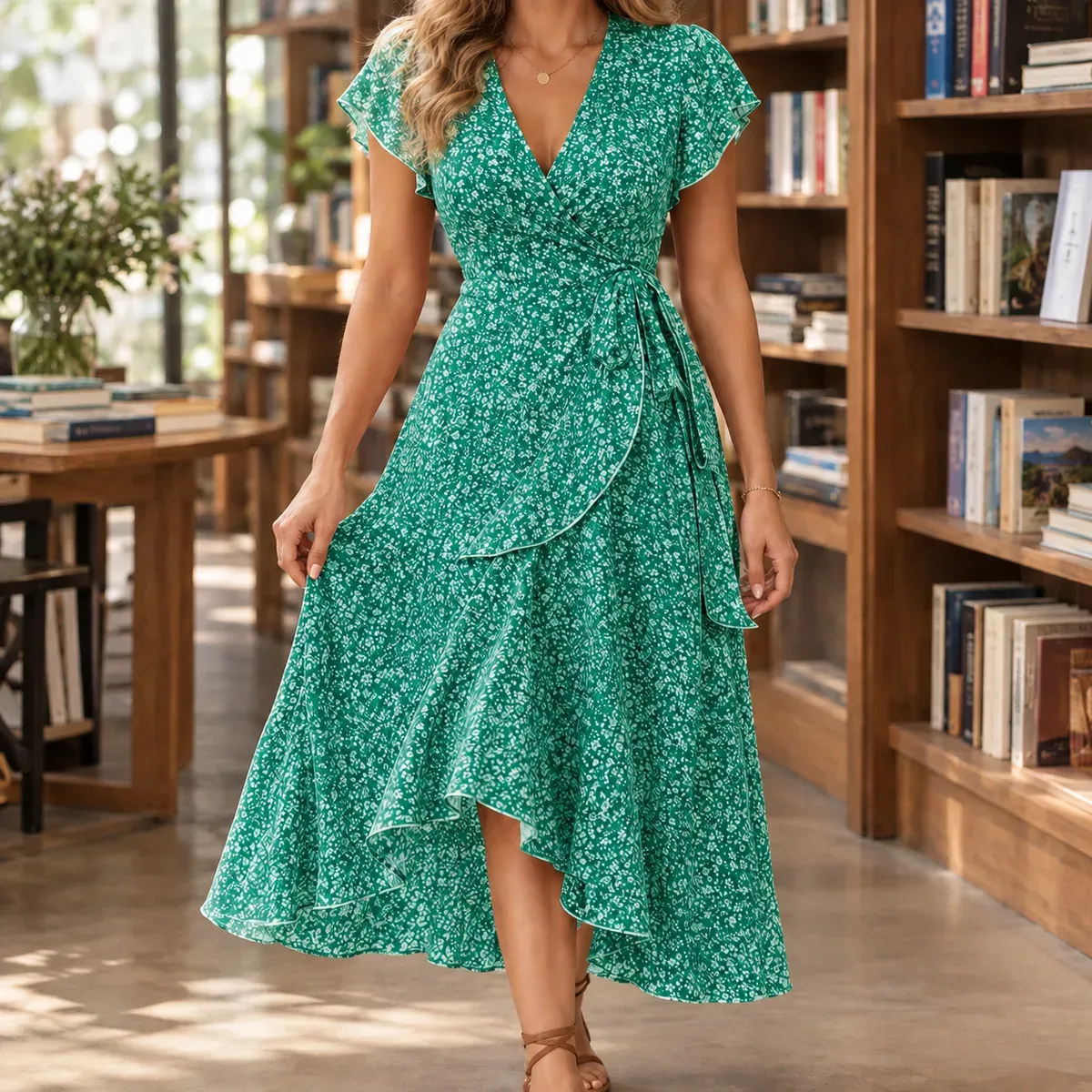 Diana Ruffle Wrap Dress in Green